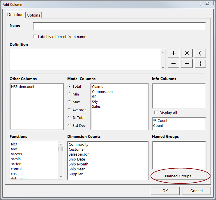 Location of the Named Groups option on the Add column dialog box.